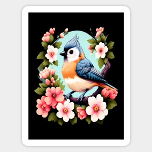 Cute Tufted Titmouse Surrounded by Vibrant Spring Flowers Sticker